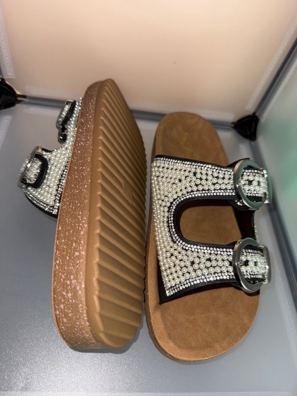 Forever Women's Comfort Pearl Embellished Platform Slide Sandal Black Size 10 - Picture 7 of 7